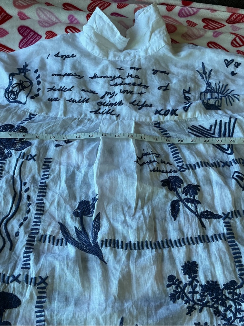 Johnny Was White Button-Down Shirt with Navy Blue Embroidery